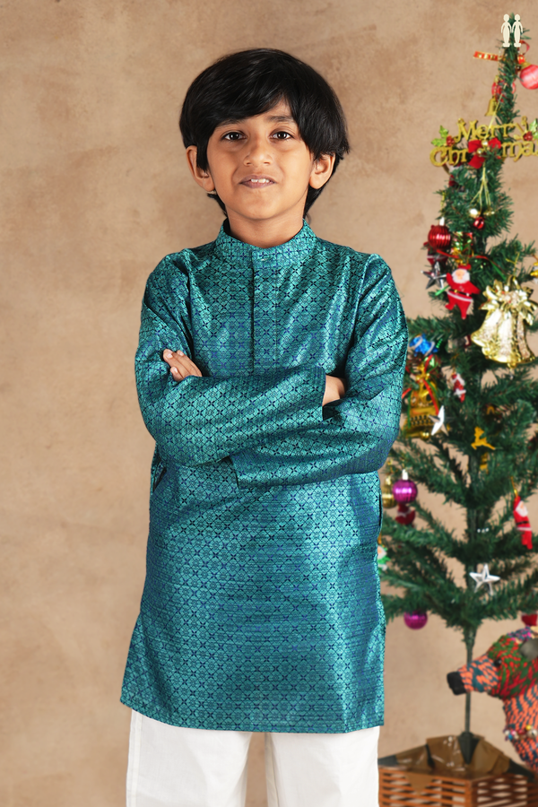 Chinese Collar Threadwork Green Semi Banaras Long Kurta