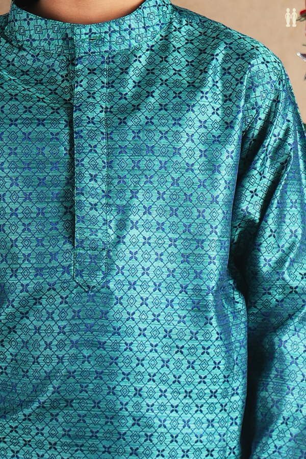 Chinese Collar Threadwork Green Semi Banaras Long Kurta