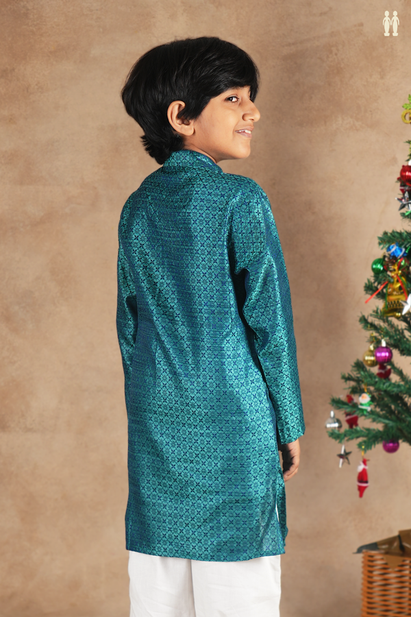 Chinese Collar Threadwork Green Semi Banaras Long Kurta