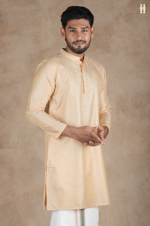 Chinese Collar Threadwork Orange Semi Banaras Long Kurta
