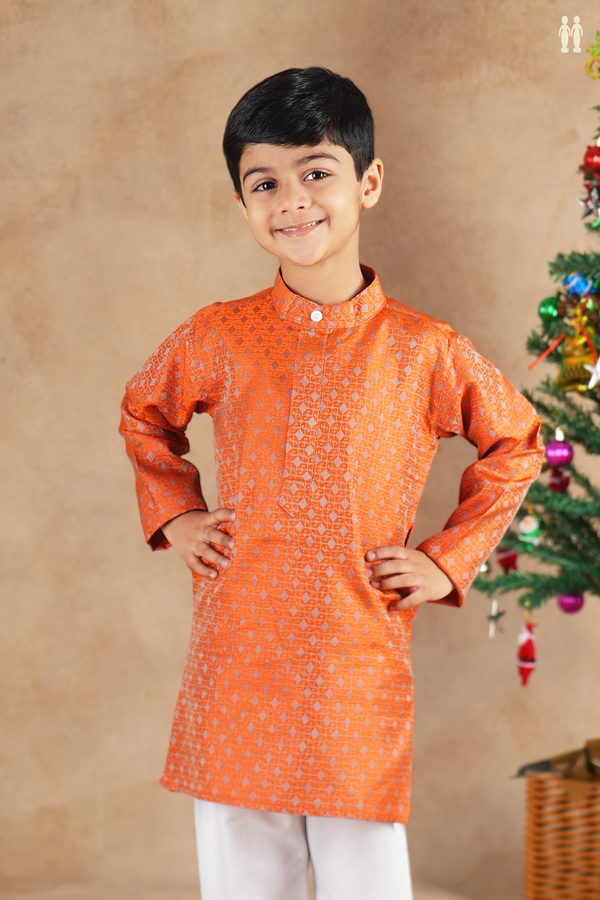 Chinese Collar Threadwork Orange Semi Banaras Long Kurta