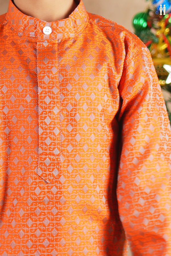 Chinese Collar Threadwork Orange Semi Banaras Long Kurta