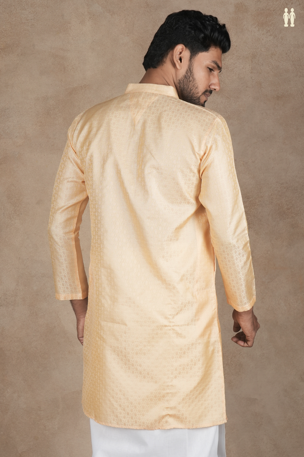 Chinese Collar Threadwork Orange Semi Banaras Long Kurta