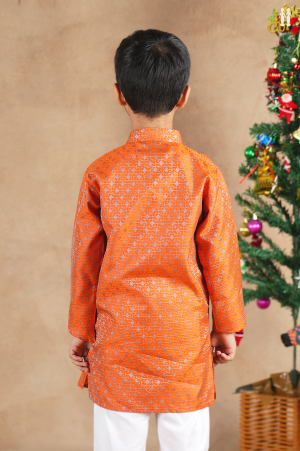Chinese Collar Threadwork Orange Semi Banaras Long Kurta