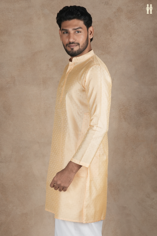 Chinese Collar Threadwork Orange Semi Banaras Long Kurta