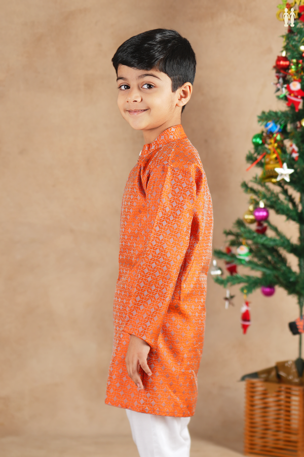 Chinese Collar Threadwork Orange Semi Banaras Long Kurta