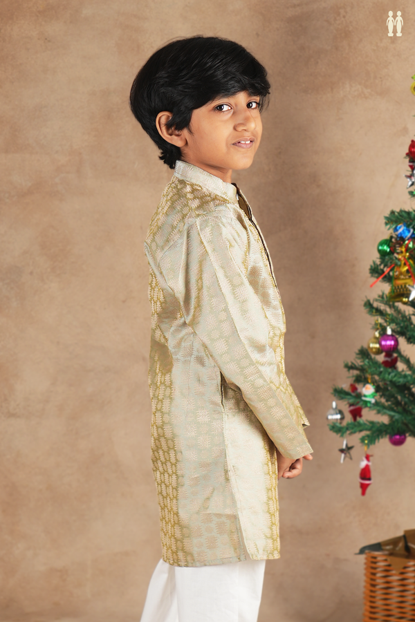 Chinese Collar Threadwork Sage Green Semi Banaras Long Kurta