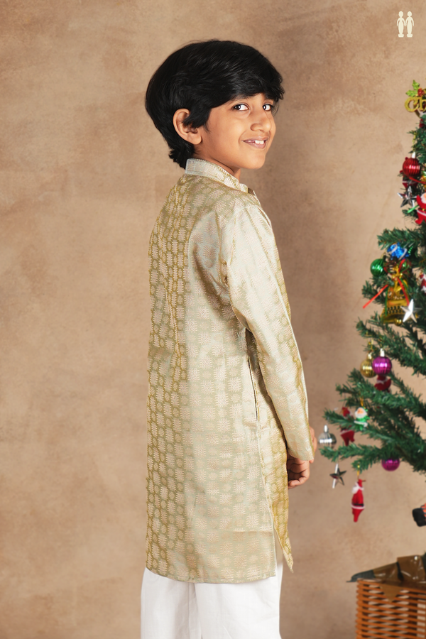 Chinese Collar Threadwork Sage Green Semi Banaras Long Kurta