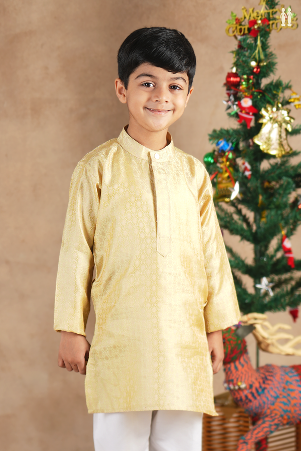 Chinese Collar Threadwork Yellow Semi Banaras Long Kurta