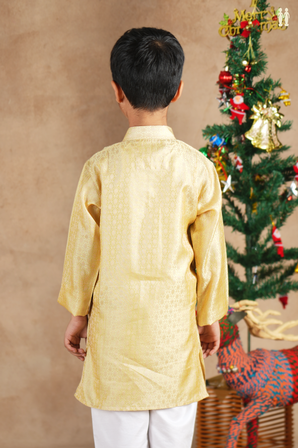 Chinese Collar Threadwork Yellow Semi Banaras Long Kurta