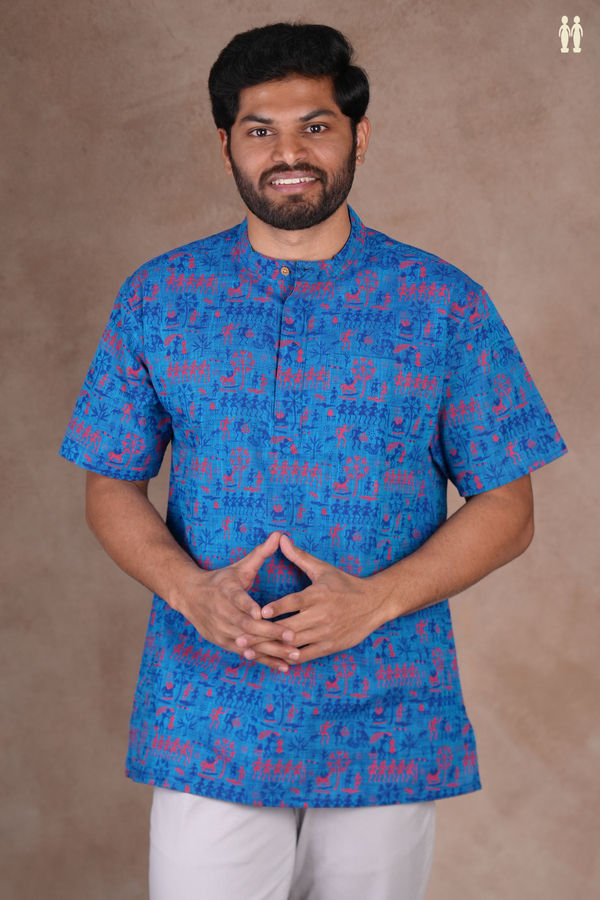 Chinese Collar Warli Design Blue Cotton Short Kurta