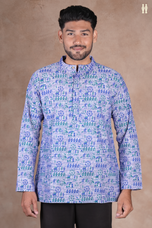 Chinese Collar Warli Design Blue Cotton Short Kurta