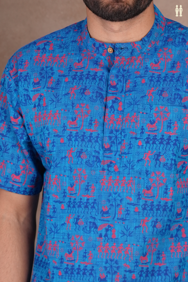 Chinese Collar Warli Design Blue Cotton Short Kurta