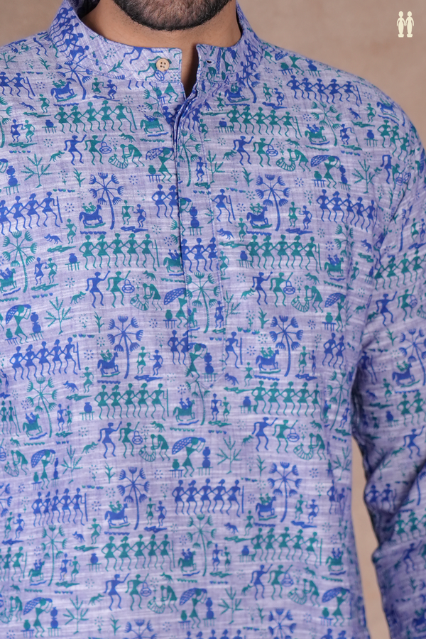 Chinese Collar Warli Design Blue Cotton Short Kurta