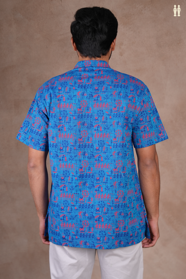 Chinese Collar Warli Design Blue Cotton Short Kurta
