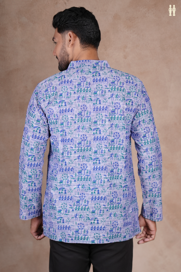 Chinese Collar Warli Design Blue Cotton Short Kurta