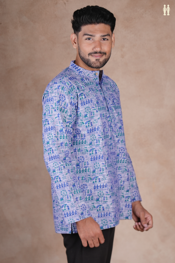 Chinese Collar Warli Design Blue Cotton Short Kurta