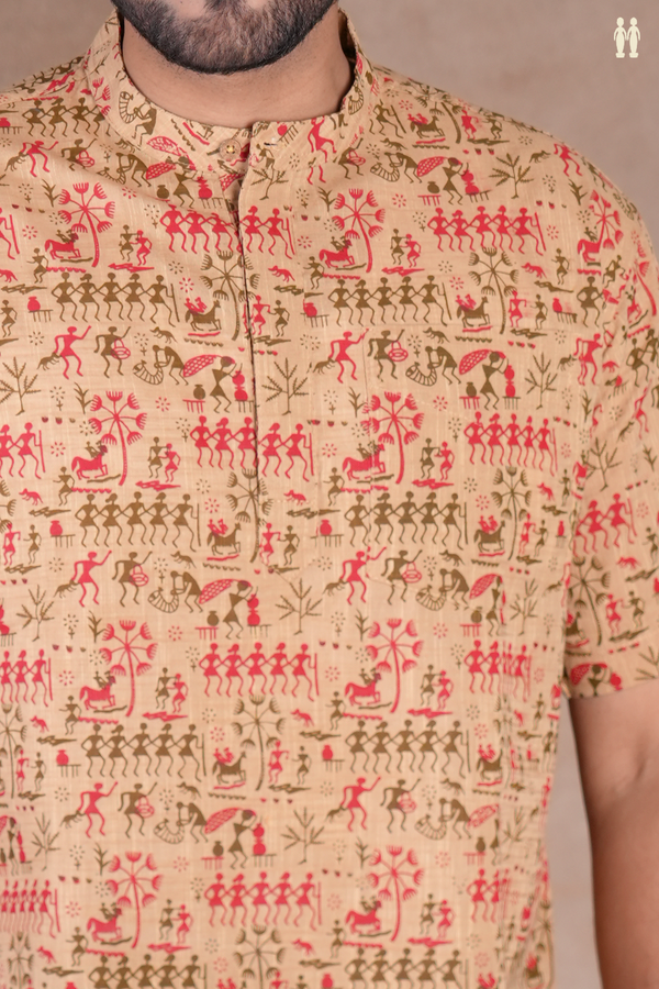 Chinese Collar Warli Design Brown Cotton Short Kurta