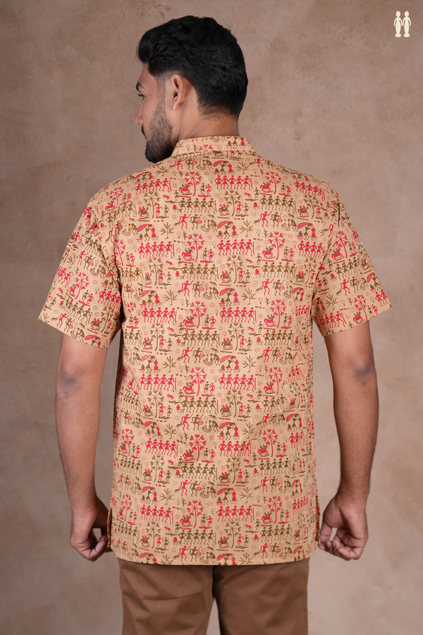 Chinese Collar Warli Design Brown Cotton Short Kurta