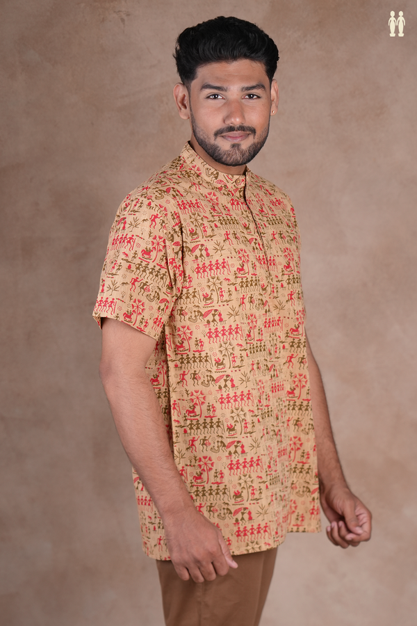 Chinese Collar Warli Design Brown Cotton Short Kurta