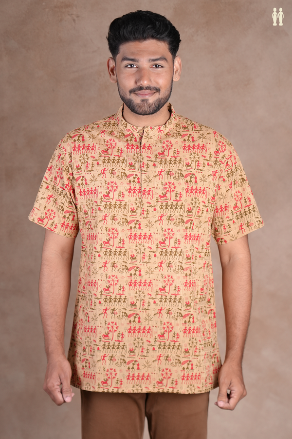 Chinese Collar Warli Design Brown Cotton Short Kurta