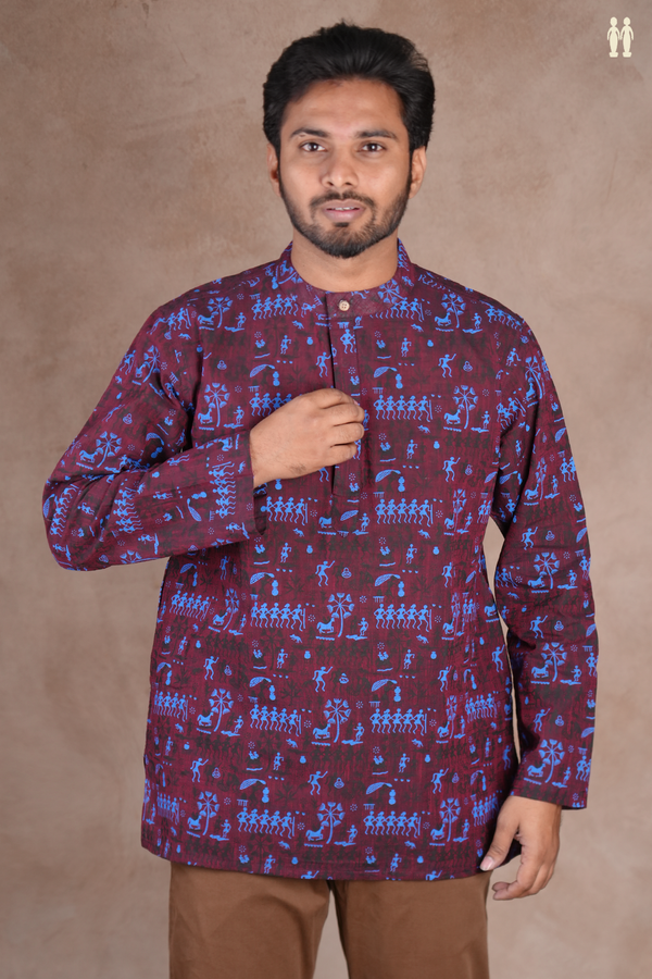 Chinese Collar Warli Design Dark Maroon Cotton Short Kurta