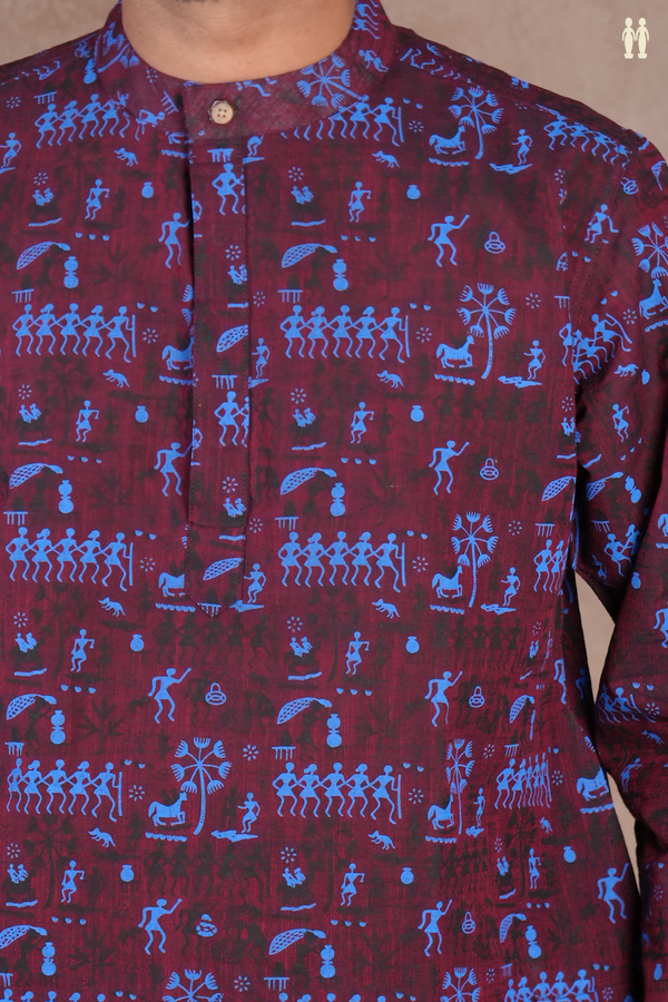 Chinese Collar Warli Design Dark Maroon Cotton Short Kurta