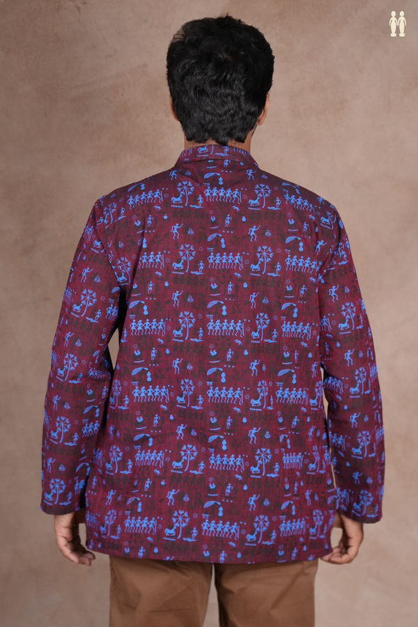 Chinese Collar Warli Design Dark Maroon Cotton Short Kurta