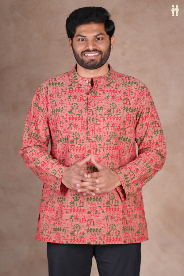 Chinese Collar Warli Design Dusty Red Cotton Short Kurta