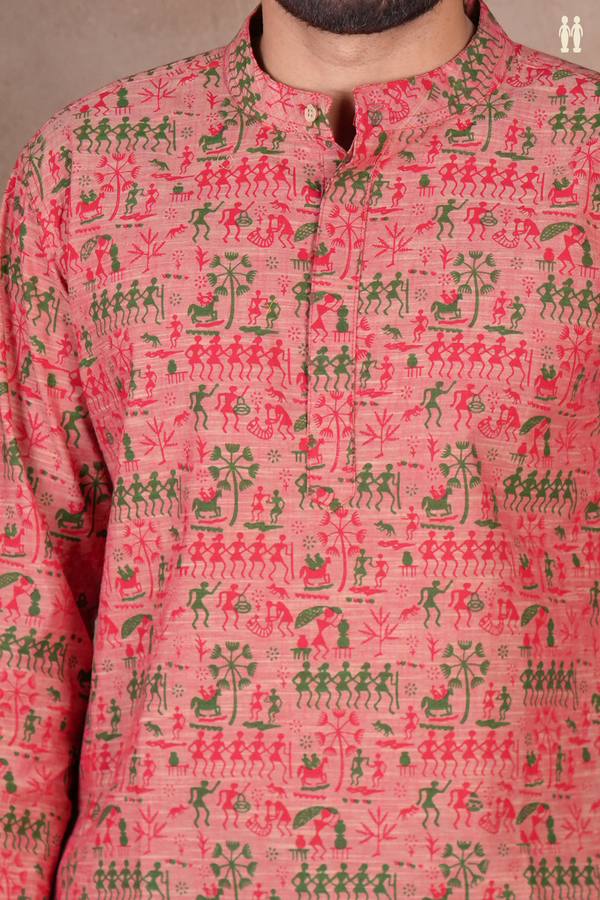Chinese Collar Warli Design Dusty Red Cotton Short Kurta
