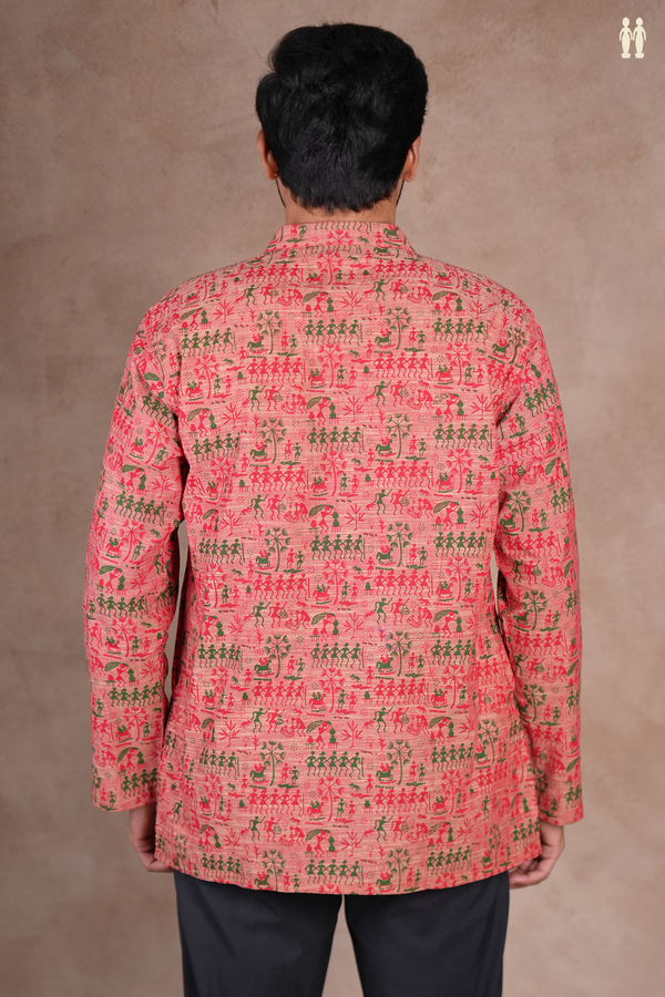 Chinese Collar Warli Design Dusty Red Cotton Short Kurta