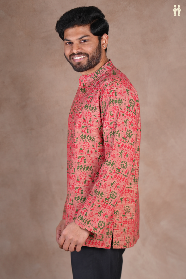 Chinese Collar Warli Design Dusty Red Cotton Short Kurta
