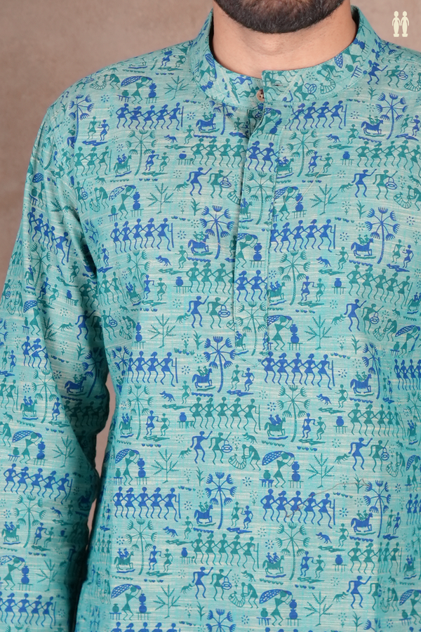 Chinese Collar Warli Design Dusty Teal Cotton Short Kurta