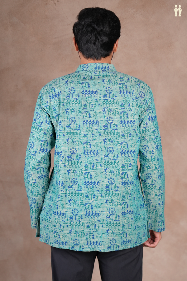 Chinese Collar Warli Design Dusty Teal Cotton Short Kurta