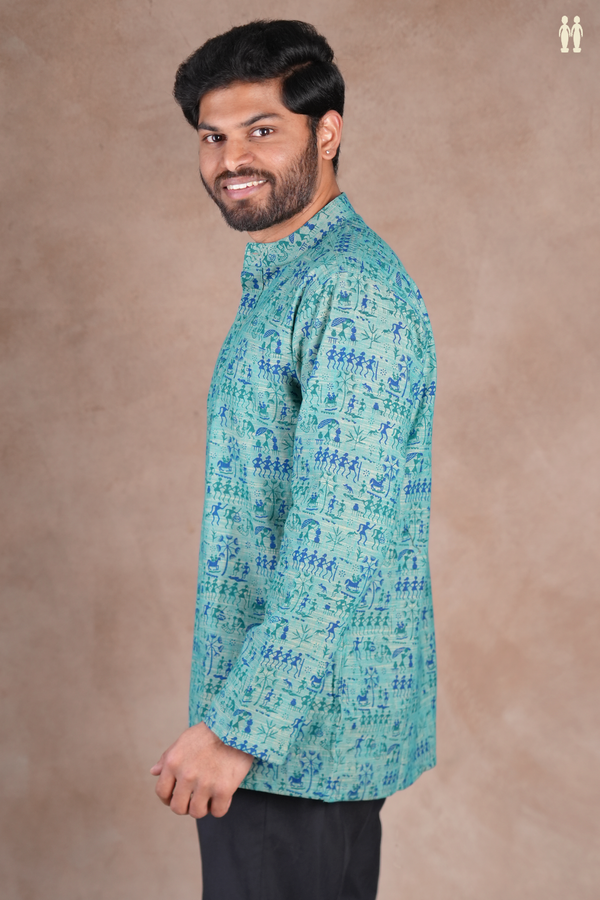 Chinese Collar Warli Design Dusty Teal Cotton Short Kurta