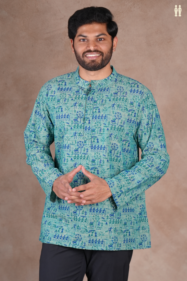 Chinese Collar Warli Design Dusty Teal Cotton Short Kurta