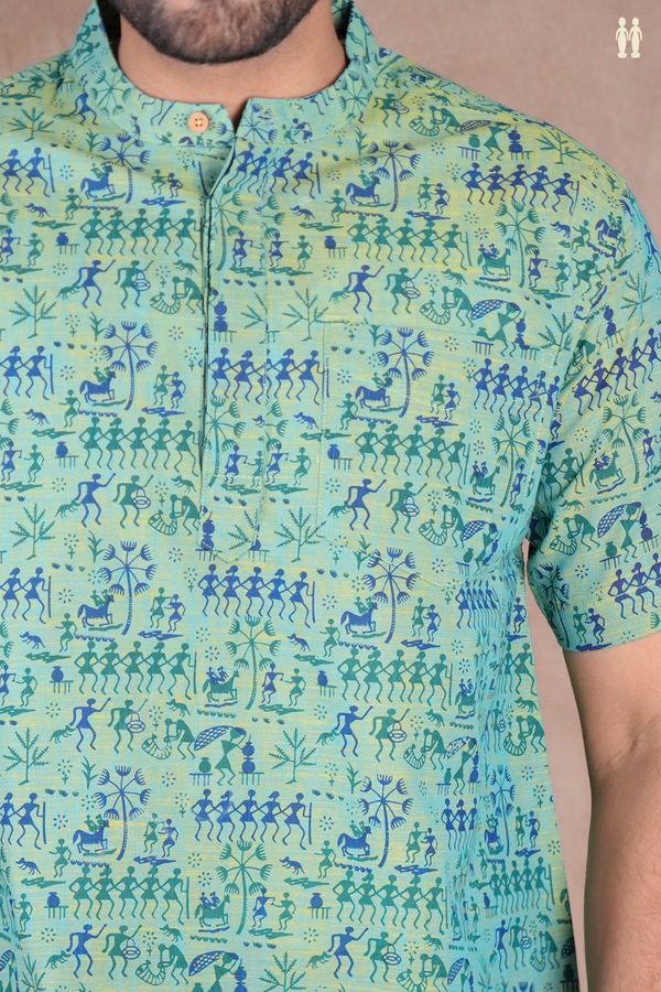 Chinese Collar Warli Design Green Cotton Short Kurta