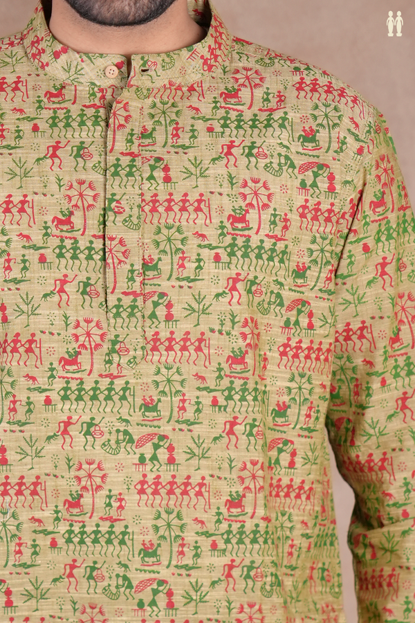 Chinese Collar Warli Design Cardamom Green Cotton Short Kurta