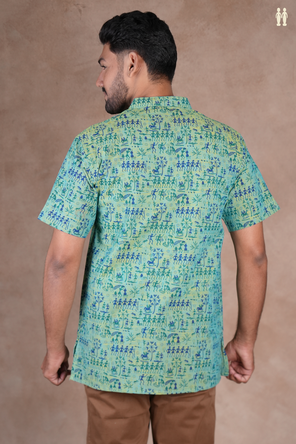 Chinese Collar Warli Design Green Cotton Short Kurta