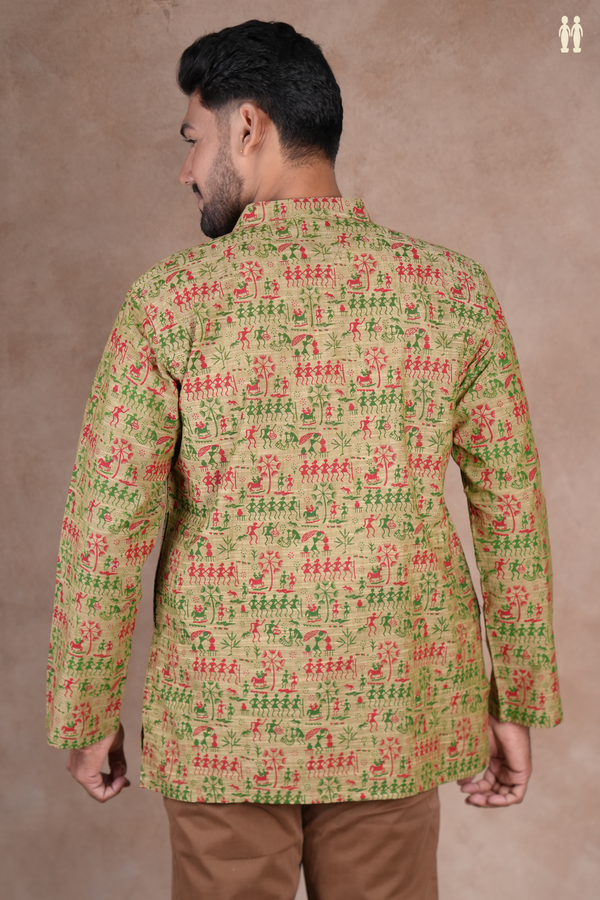 Chinese Collar Warli Design Cardamom Green Cotton Short Kurta