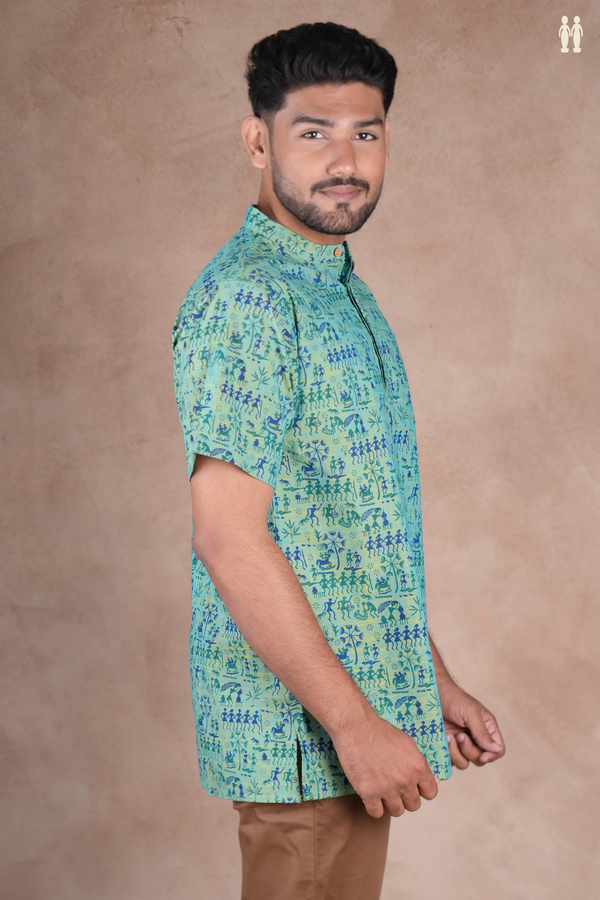 Chinese Collar Warli Design Green Cotton Short Kurta