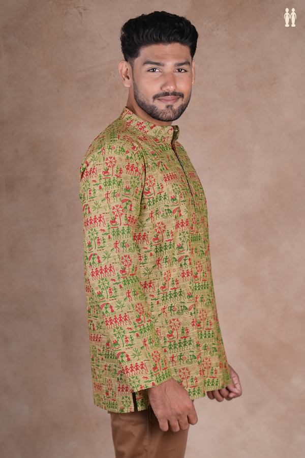 Chinese Collar Warli Design Cardamom Green Cotton Short Kurta