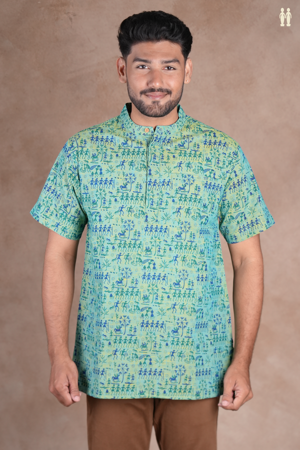 Chinese Collar Warli Design Green Cotton Short Kurta