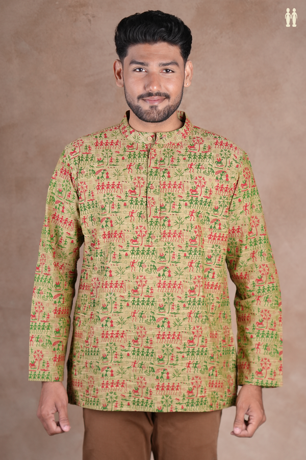 Chinese Collar Warli Design Cardamom Green Cotton Short Kurta
