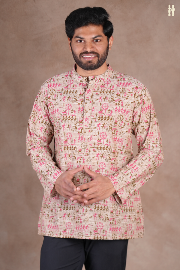 Chinese Collar Warli Design Pastel Brown Cotton Short Kurta