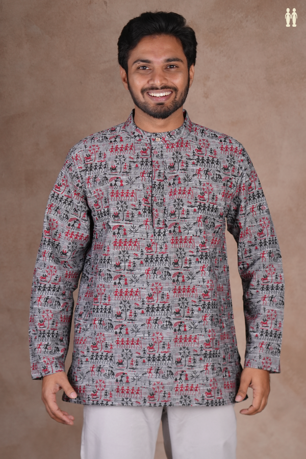 Chinese Collar Warli Design Grey Cotton Short Kurta