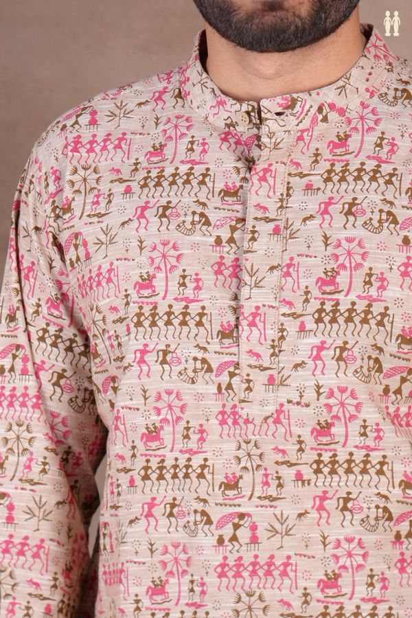 Chinese Collar Warli Design Pastel Brown Cotton Short Kurta