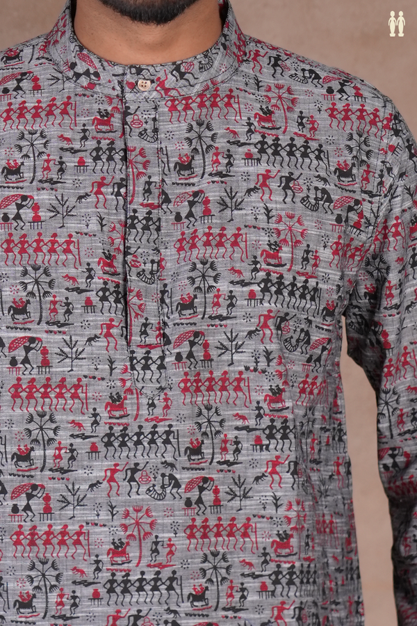 Chinese Collar Warli Design Grey Cotton Short Kurta