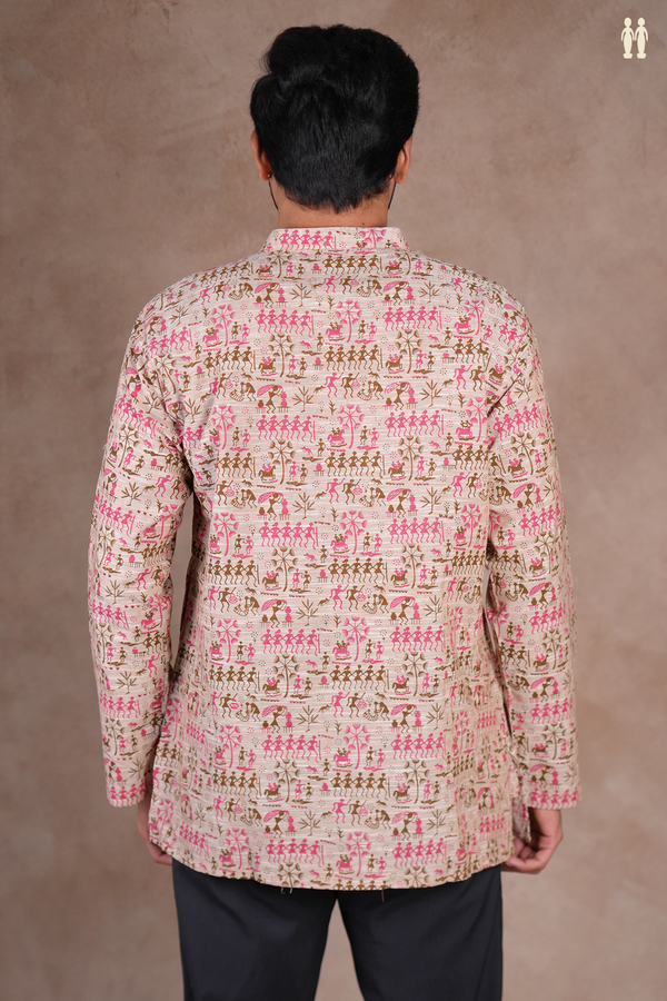 Chinese Collar Warli Design Pastel Brown Cotton Short Kurta