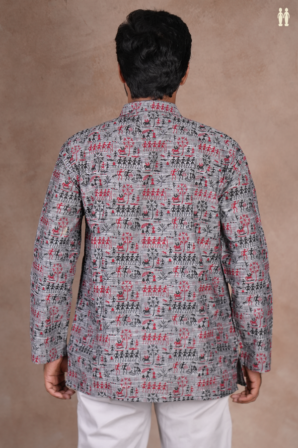 Chinese Collar Warli Design Grey Cotton Short Kurta